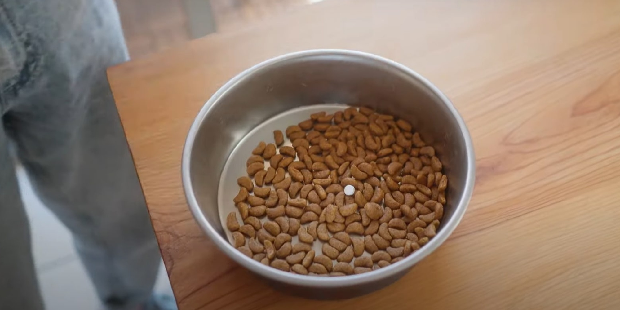 Если положить целую таблетку в корм, собака может оставить её на дне